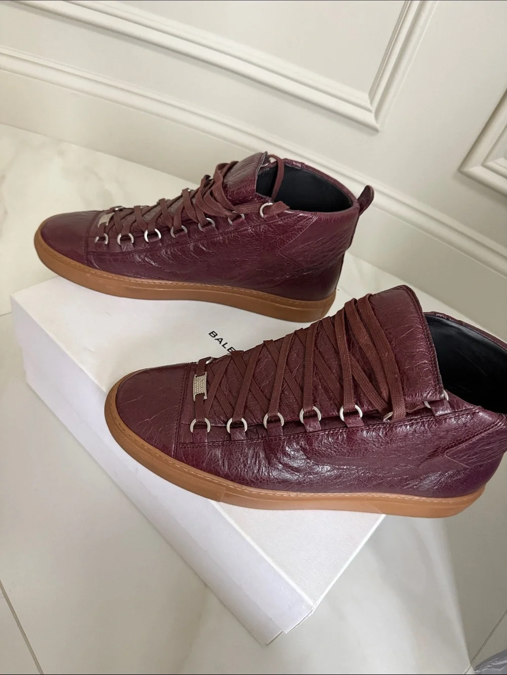 Balenciaga Arena Men's Burgundy Leather High-Top Sneakers with Gum Sole